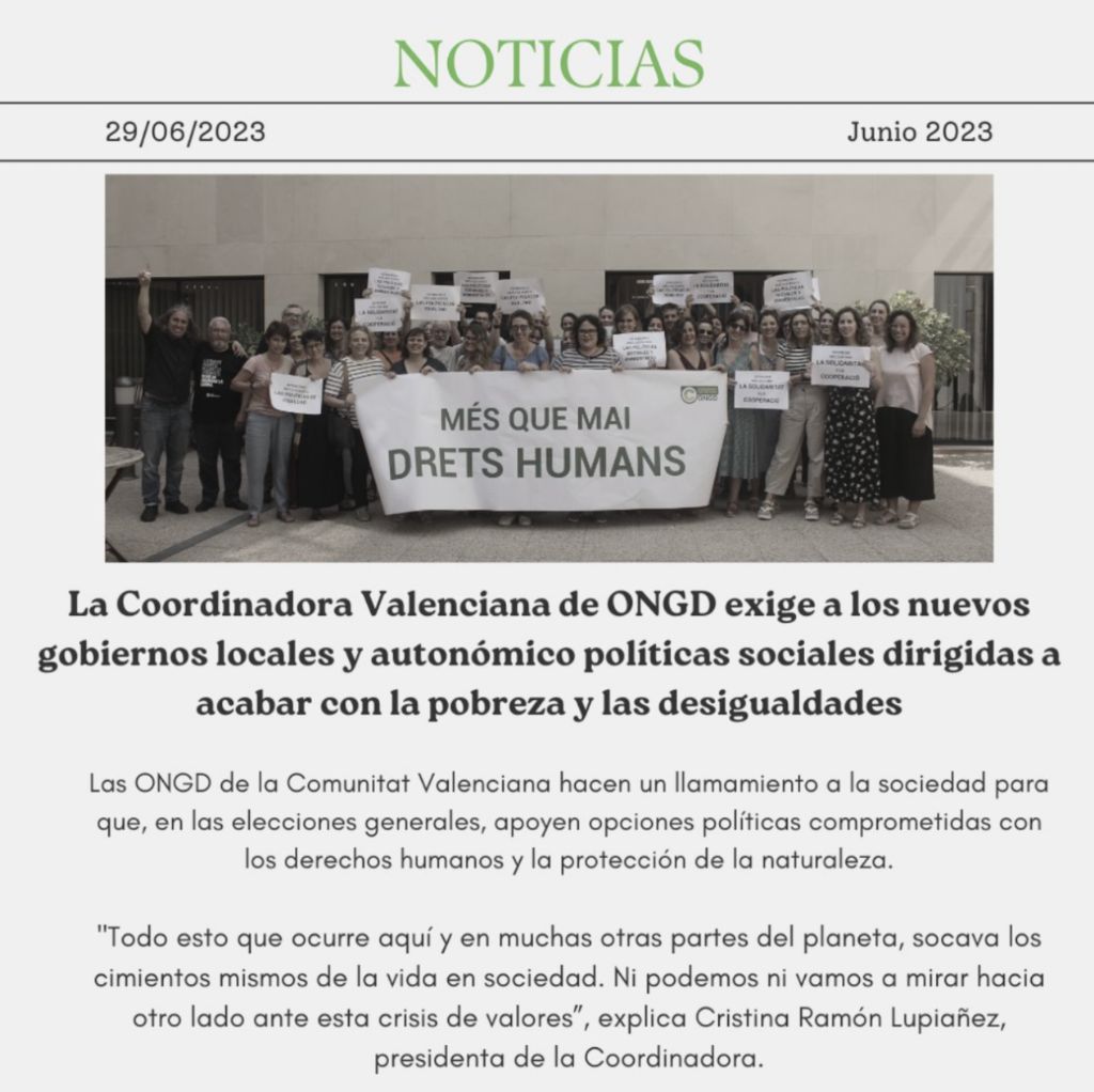 La Coordinadora Valenciana de ONGD exige a los nuevos gobiernos locales y autonómico políticas sociales dirigidas a acabar con la pobreza y las desigualdades
